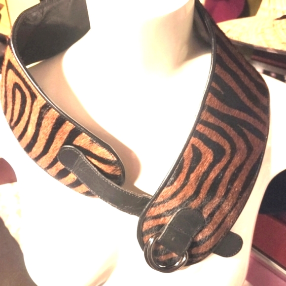 80s YVES SAINT LAURENT Tiger Striped Leather Cowhide Fur Brown Black Wide Belt S - Picture 1 of 16